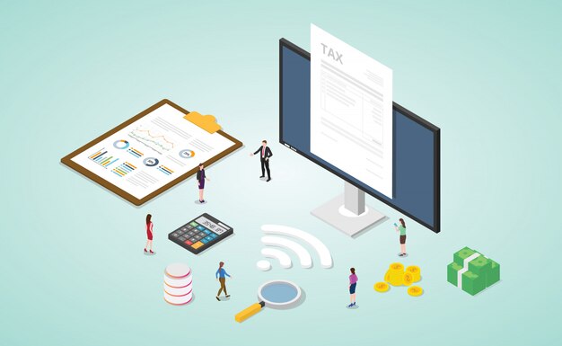 Online belastingrapport met papieren document en monitor met geld en financiën gouden berekening met moderne isometrische vlakke stijl Premium Vector