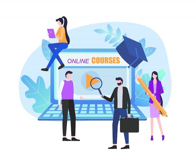 Online cursussen pagina notebook scherm man vrouw student Premium Vector
