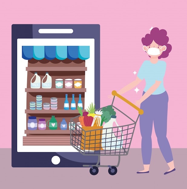 Online markt, vrouw met masker winkelwagen producten bestellen, smartphone eten bezorgen de supermarkt | Premium Vector