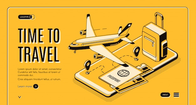 Online service, mobiele app voor reizigers en toeristen isometrische vector webbanner Gratis Vector