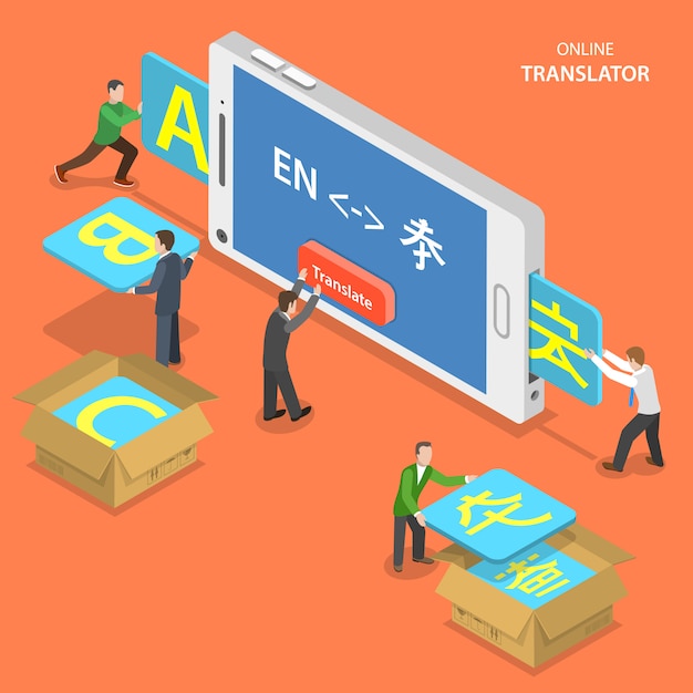 Online vertaler isometrische platte vector concept. Premium Vector