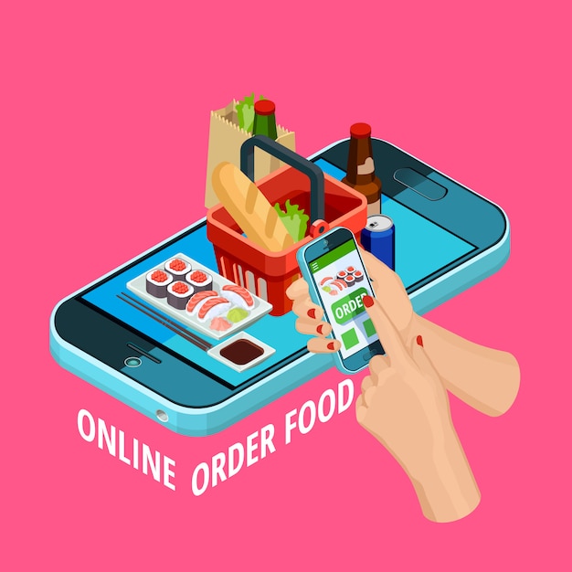 Sanders Naleving van Nadeel Online voedsel bestellen isometrische e-commerce poster | Gratis Vector