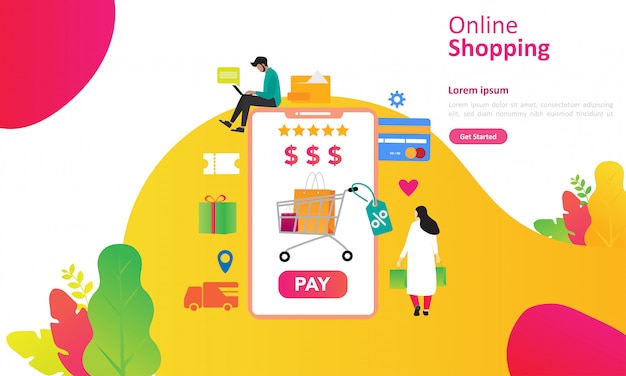 Online winkelconcept met mensenkarakter voor web-bestemmingspagina Premium Vector