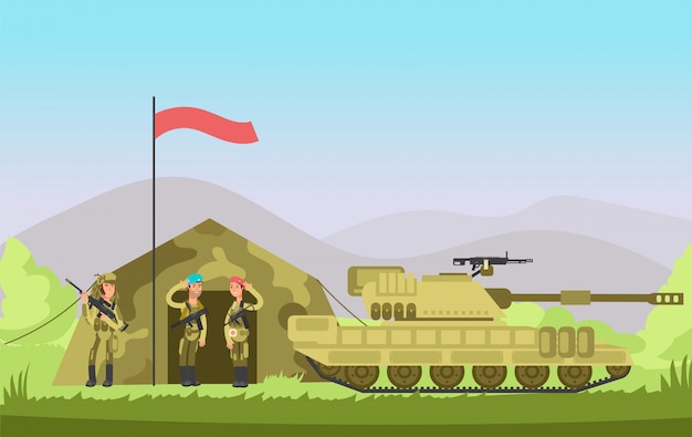 Ons leger soldaat met pistool in uniform. cartoongevecht. militaire achtergrond Premium Vector