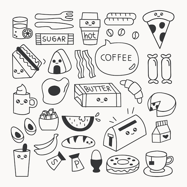 Ontbijt Eten Doodle Set Vectorillustratie Premium Vector