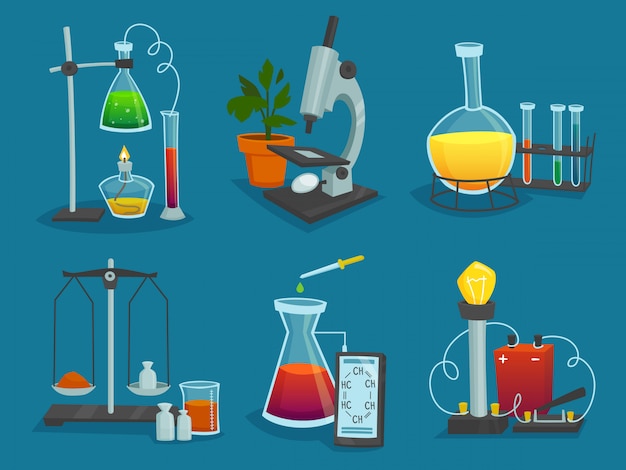 Ontwerp icons set van laboratoriumapparatuur Gratis Vector