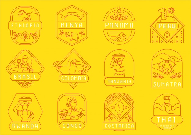 Ontwerp met een enkele oorsprong van de koffie boerderij lijn badge Premium Vector