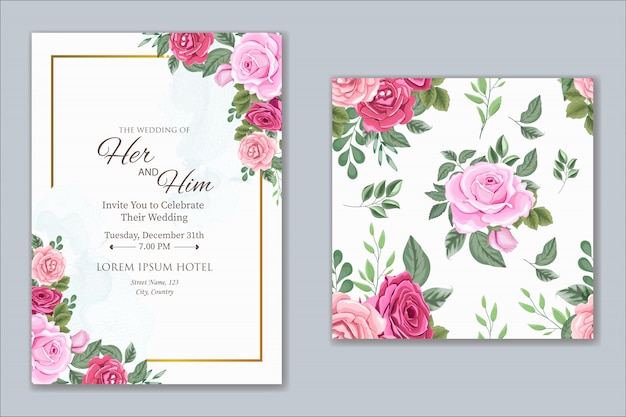Ontwerp van de huwelijksuitnodiging met mooie bloem en bladeren Premium Vector