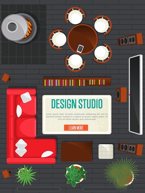Ontwerpstudio concept met bovenaanzicht appartement Premium Vector