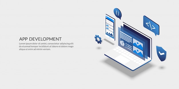 Ontwikkelingstool voor mobiele applicaties, isometrisch gebruikersinterfaceontwerp Premium Vector
