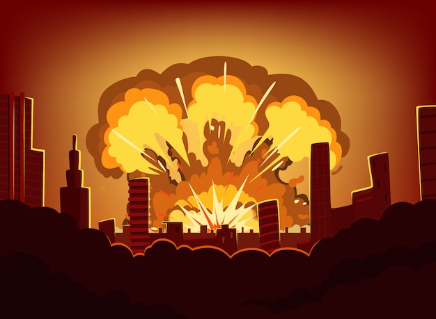 Oorlog en schade na een grote explosie in de stad. zwart-wit stedelijk landschap met brandwondhemel na atoombom. nucleaire radioactieve armageddon, vectorillustratie Premium Vector