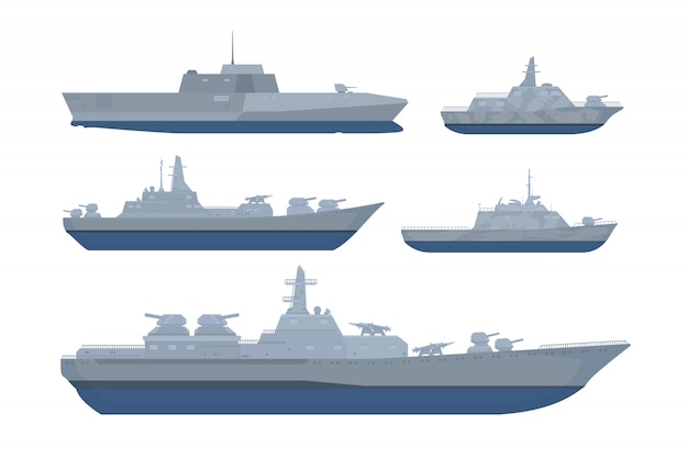 Oorlogsschip set verzamelpakket met verschillende modellen en maten met moderne stijl Premium Vector
