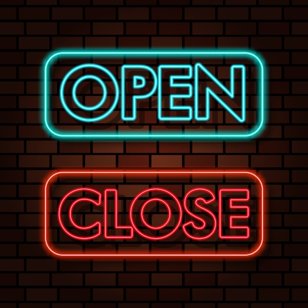 Open dicht teken neonlicht tekst effect illustratie Premium Vector