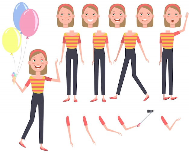 Opgewonden mooi meisje met hoop van kleurrijke ballonnen tekenset Gratis Vector