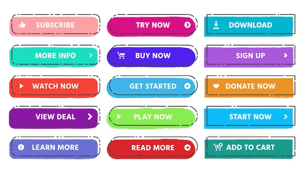 Oproep tot actieknop. lees meer, schrijf u in en koop nu webknoppen met levendige kleuren en grunge texturen plat geïsoleerde set Premium Vector