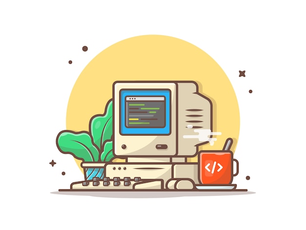 Oude computerdesktop met hete koffie en plant pictogram vectorillustratie Premium Vector