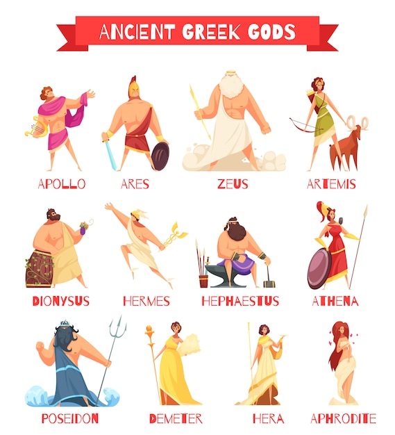 Verrassend Oude griekse goden 12 strip cartoon figuren set met geïsoleerde NM-11