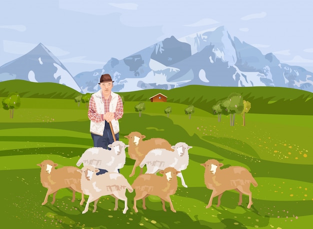 Oude landbouwersschapen en landschapsachtergrond met bergen Premium Vector