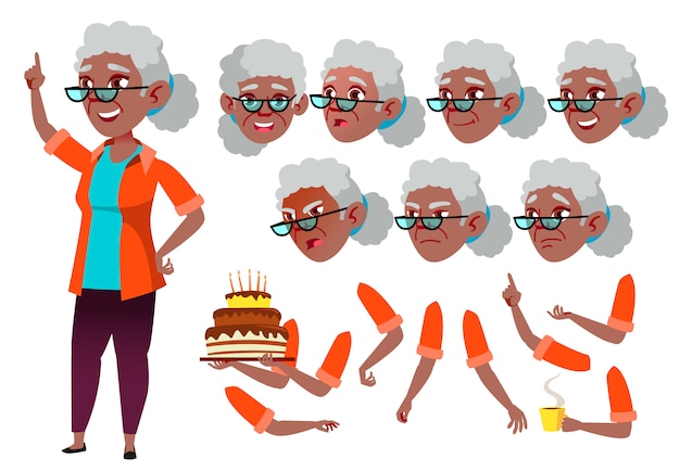 Oude vrouw karakter. afrikaanse. creatie constructor voor animatie. gezichtsemoties, handen. Premium Vector