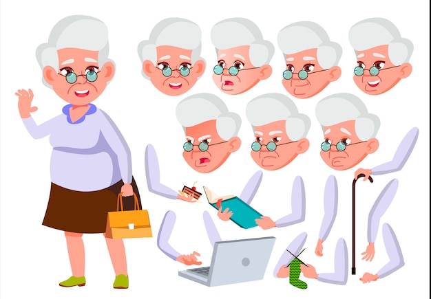 Oude vrouw karakter. europese. creatie constructor voor animatie. gezichtsemoties, handen. Premium Vector