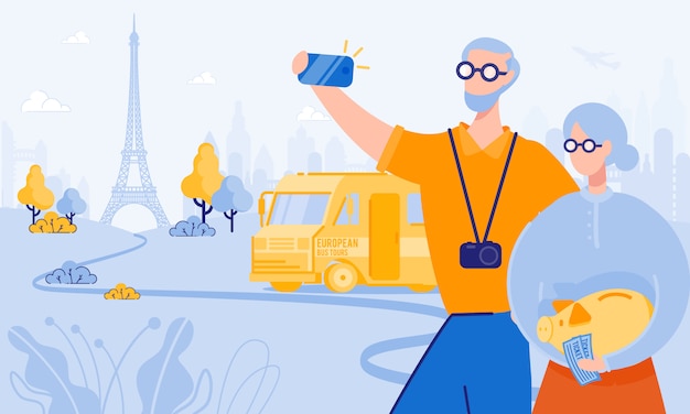 Oudere man en vrouw nemen selfie in parijs. vector Premium Vector