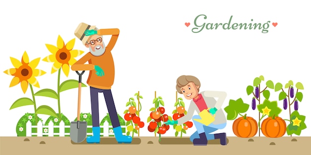 Oudere mensen levensstijl vector vlakke afbeelding tuinieren en plezier genieten. opa en oma in de tuin. wit geïsoleerd Premium Vector
