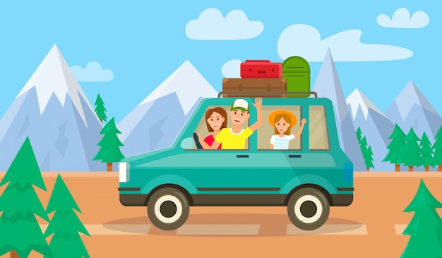 Ouders en dochter reizen met de auto samen Premium Vector