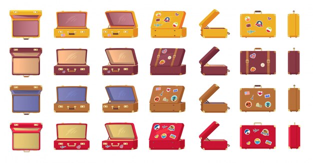 Ouderwetse vintage koffers met stickers Premium Vector