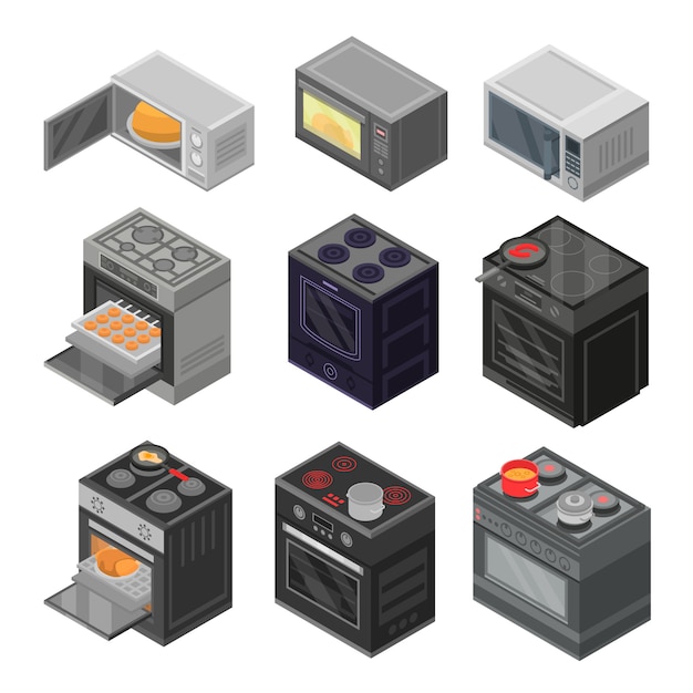 Oven pictogrammenset. isometrische reeks oven vectorpictogrammen voor webontwerp dat op witte achtergrond wordt geïsoleerd Premium Vector
