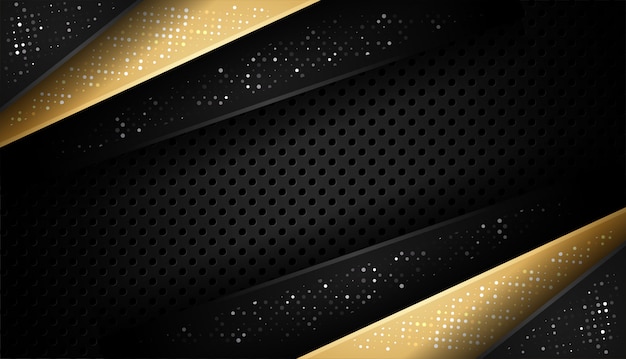 Overlap vorm abstracte goud zwart frame lay-out ontwerptechnologie met glitters en lichteffect Premium Vector