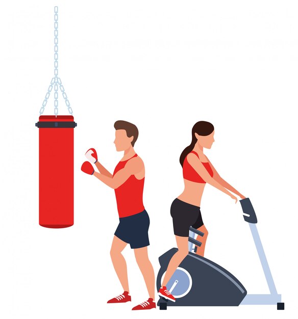 Paar dat in de gymnastiek uitwerkt Premium Vector