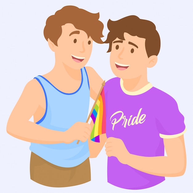 Paar die regenboog lgbt vlag golven die vrolijke trots vieren Premium Vector