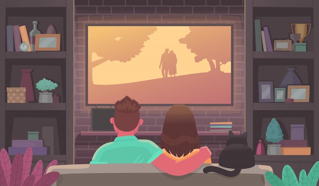 Paar jonge mensen tv kijken. man en vrouw in een gezellige sfeer film kijken. blijf thuis. advertentiestreamingservice online bioscoop. | Premium Vector