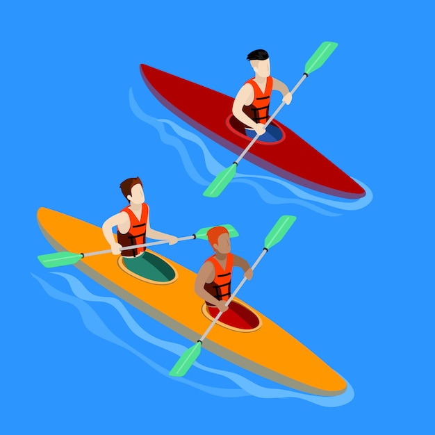 Paar peddelen in kajak. kajak geïsoleerde isometrische vector Premium Vector
