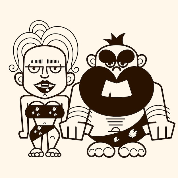 Paar primitieve man en vrouw, gekleed in bontkleren en bij elkaar staand. Premium Vector