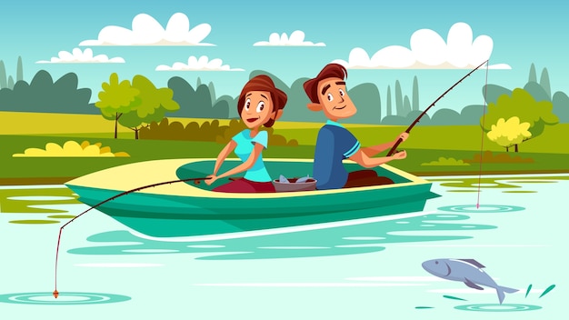 Paar visserijillustratie van de jonge mens en vrouw in boot met staven op meer Gratis Vector