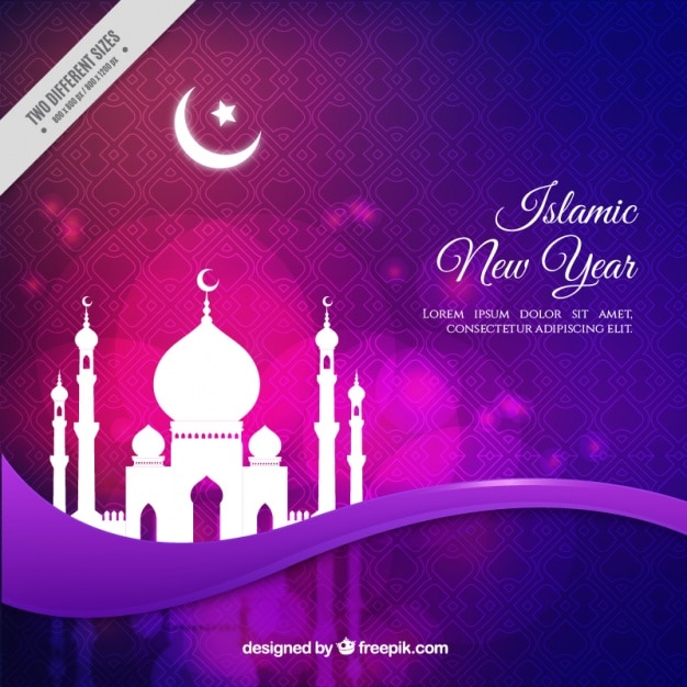 Paarse achtergrond met moskee van islamitisch nieuwjaar 