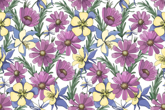Paarse, gele, blauwe vector tuin bloemen geïsoleerd op wit Premium Vector