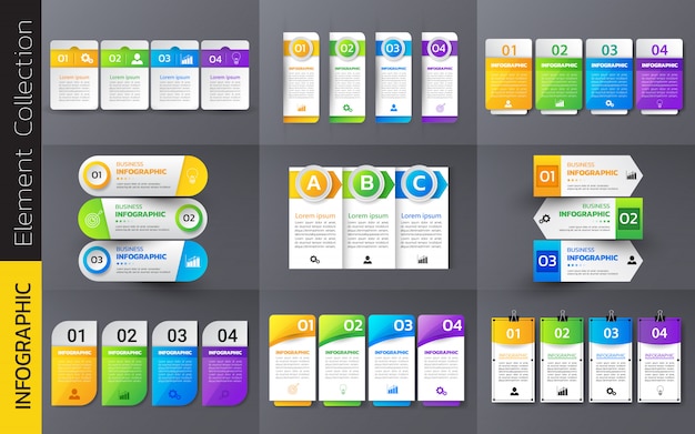 Pakje van kleurrijke infographics sjabloonontwerp. Premium Vector
