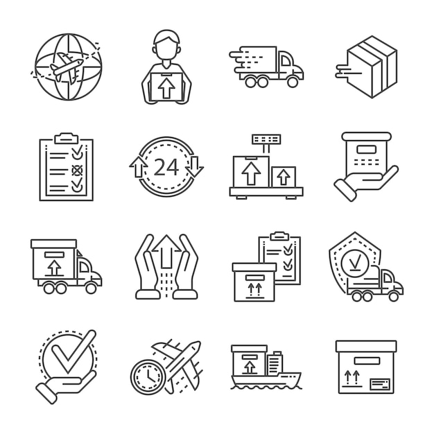 Pakket dellivery icon set. overzichtsreeks pakketellivery vectorpictogrammen Premium Vector