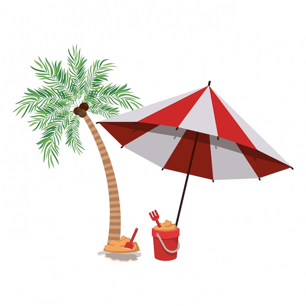 Palmboom met gestreepte strandparaplu Gratis Vector