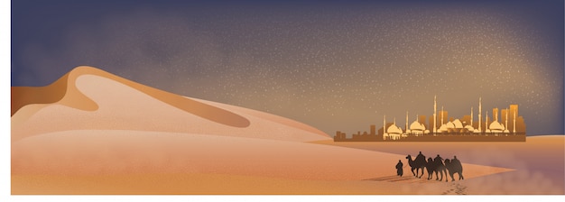 Panoramalandschap van arabische reis met kamelen door de woestijn met moskee, zandduin en stof Premium Vector
