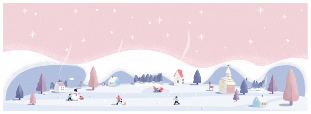Panoramische vectorillustratie van winter wonderland in roze pastel kleuren. het schattige kleine dorp op eerste kerstdag met sneeuw. kinderen, sneeuwbal en sneeuwpop. minimaal winterlandschap. Premium Vector