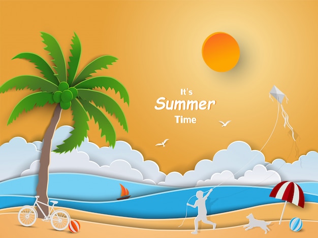 Papierkunstontwerp met zomertijdbrieven Premium Vector