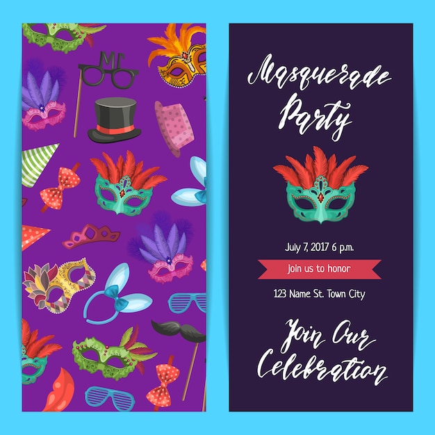 Partij uitnodiging sjabloon banner, poster met maskers en partij accessorie set Premium Vector