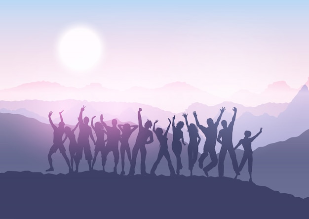 Partijmenigte in zonsonderganglandschap Gratis Vector