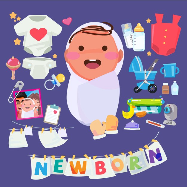 Pasgeboren baby karakter met set van kind zorg accessoire. typografisch voor headerontwerp Premium Vector