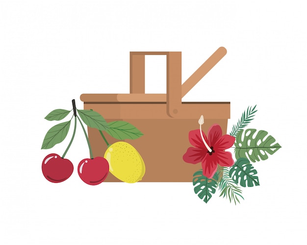 Picknickmand met tropisch fruit op wit Gratis Vector