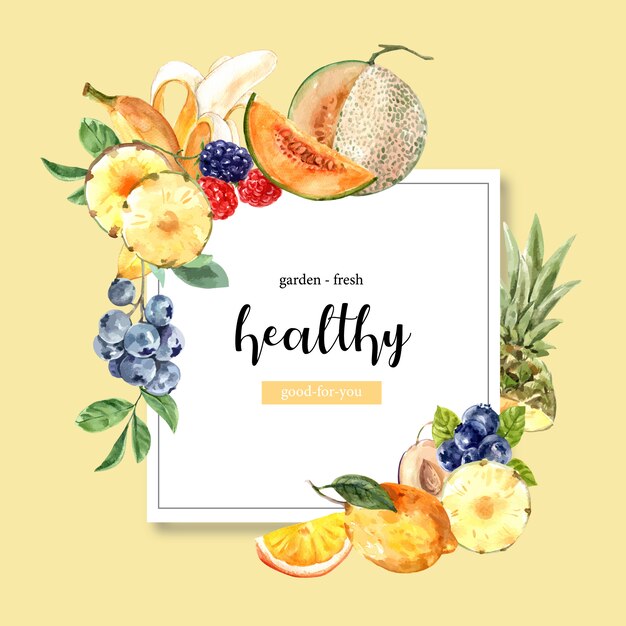 Pijnboomappel, meloen, druif, meloen fruit, creatief geel thema illustratie sjabloon. Gratis Vector