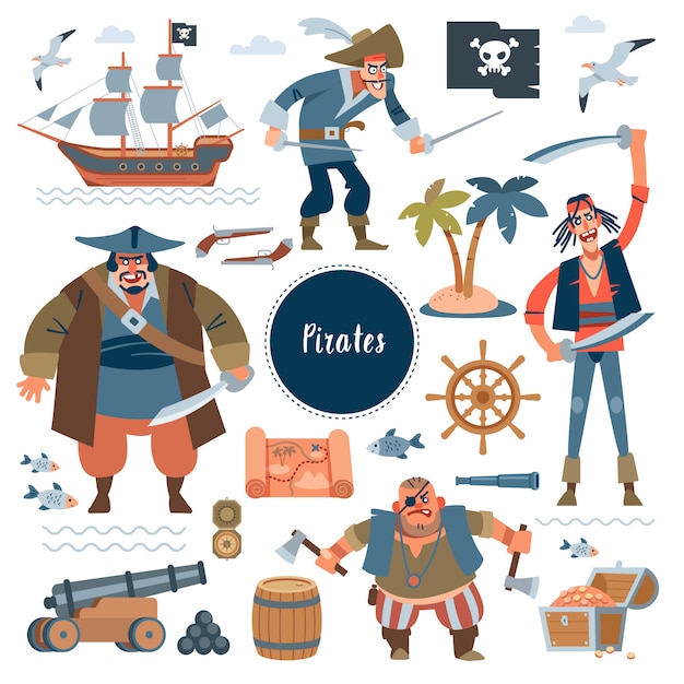 Pirates. collectionadorable piraten, zeilschip, zeevis en schatkist, geïsoleerd op wit. kinderachtig in platte cartoon-stijl Premium Vector